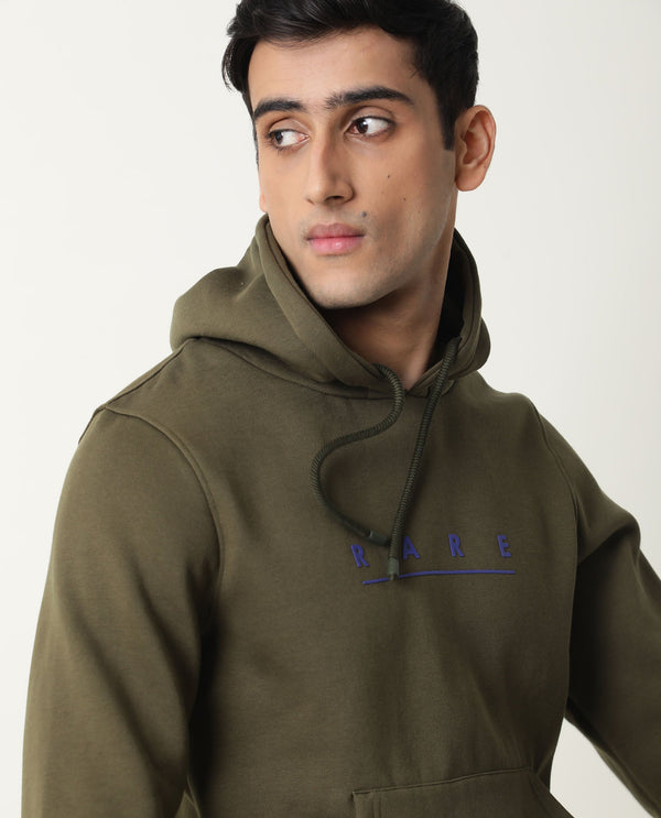 Rare Rabbit Omi Primary Olive Sweatshirt Cotton Poly Fabric Full Sleeve Hoodie Slim Fit
