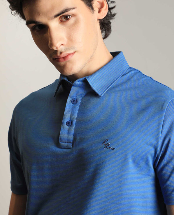 Rare Rabbit Men's Tunas Light Blue Cotton Polyester Fabric Collared Neck Half Sleeves Striped Polo T-Shirt
