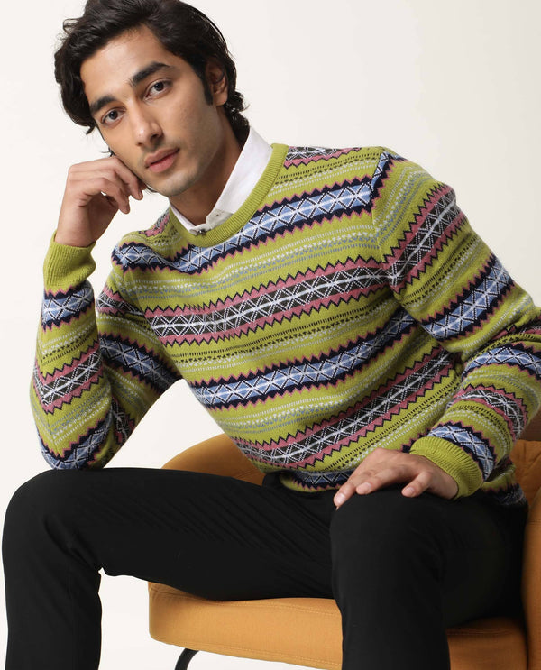 RARE RABBIT MEN'S FARE LIGHT GREEN PULLOVER ACRYLIC FABRIC ROUND NECK FULL SLEEVES SLIM FIT