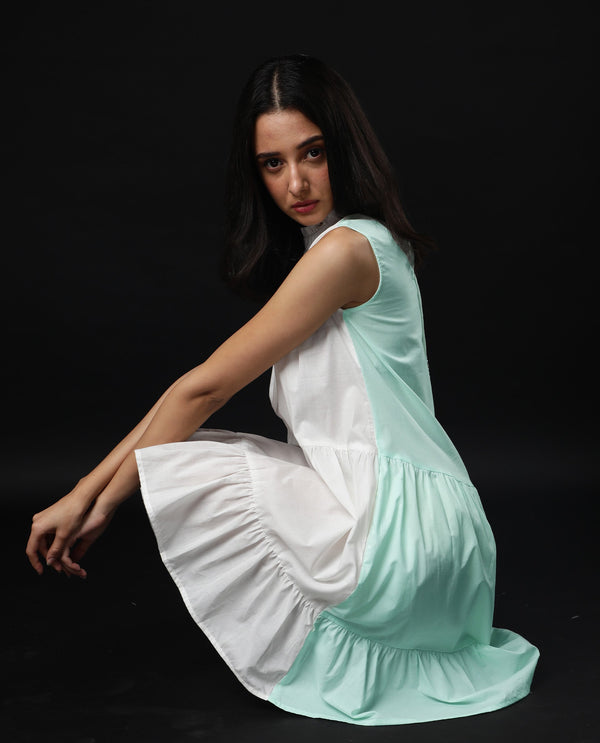 Rareism Women Exam Green Sleeveless Band Collar Ruffled Neck Tiered Knee Length Dress