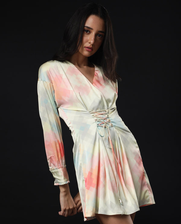 Rareism Women Seattle Off White Abstract Overlap V Neck With Criss Cross Tie Up Waist And Full Sleeves Cuff Mini Dress