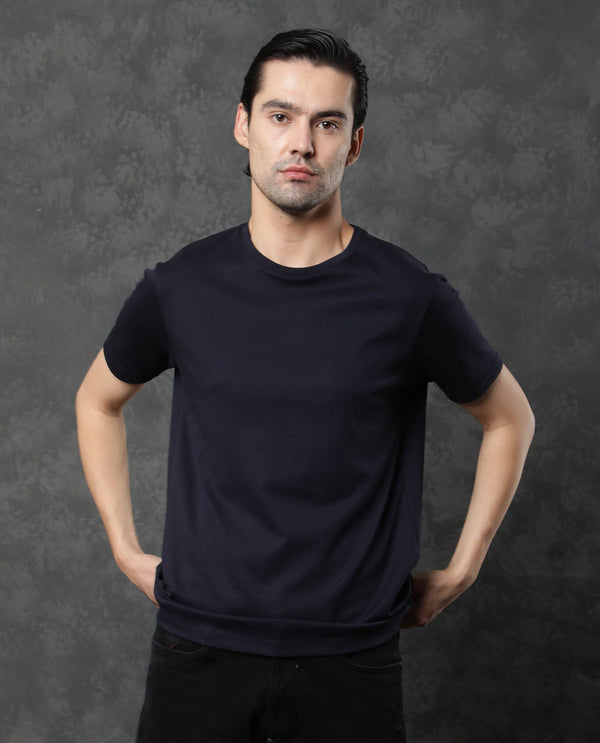 Rare Rabbit Men's Gis Navy Cotton Fabric Crew Neck Half Sleeves Regular Fit Solid T-Shirt