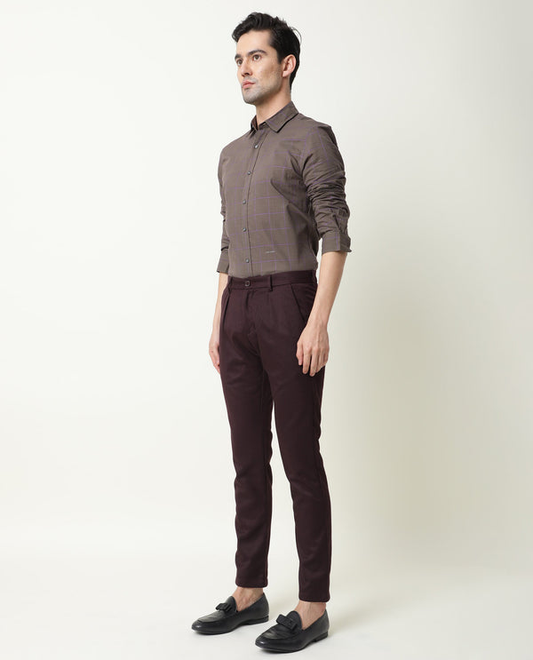 Rare Rabbit Men's Edit Dark Maroon Poly Viscose Fabric Slim Fit Button & Zip Closure Trouser