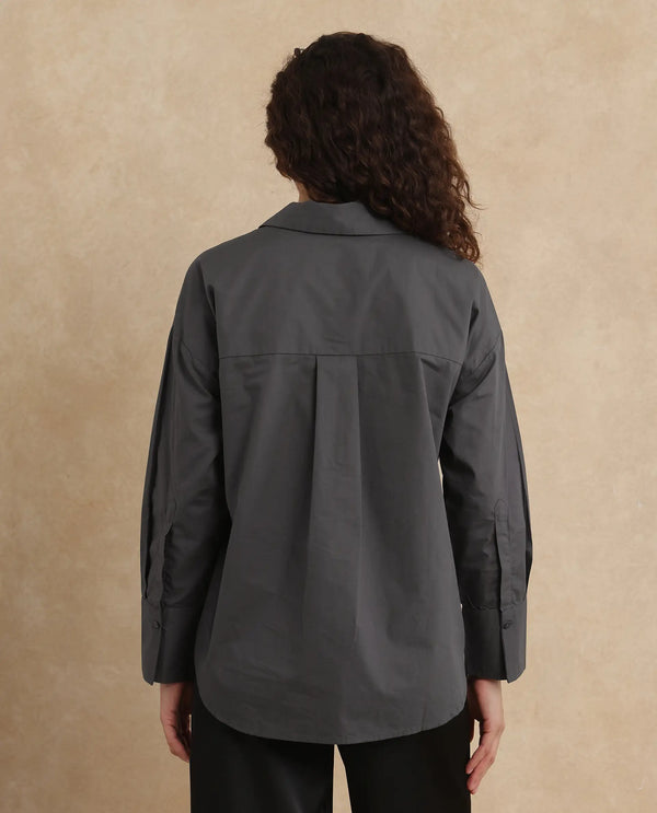Rareism Women Hertene Grey 60'S Poplin Fabric Cuffed Sleeve Collared Neck Button Closure Boxy Fit Plain Shirt