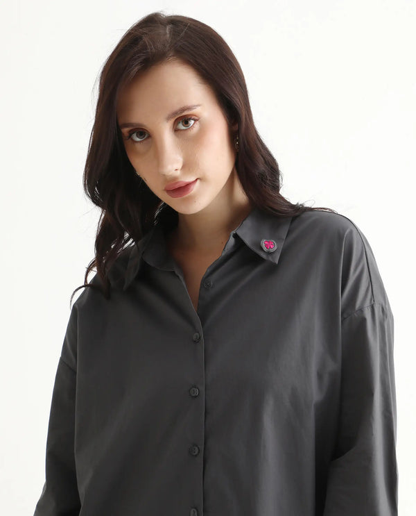 Rareism Women Hertene Grey 60'S Poplin Fabric Cuffed Sleeve Collared Neck Button Closure Boxy Fit Plain Shirt