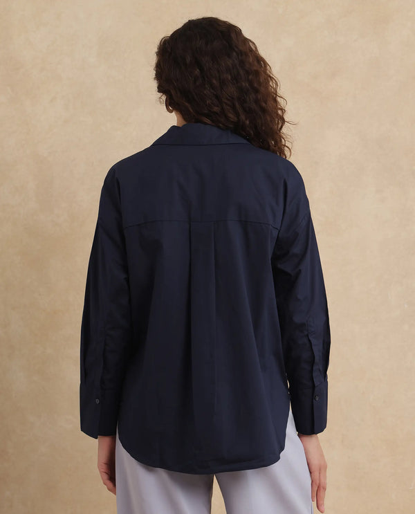 Rareism Women Hertene Navy 60'S Poplin Fabric Cuffed Sleeve Collared Neck Button Closure Boxy Fit Plain Shirt