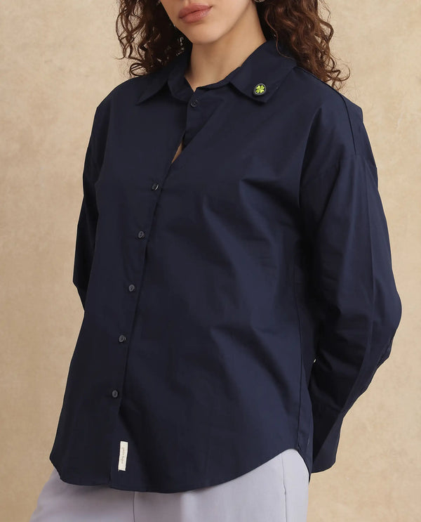 Rareism Women Hertene Navy 60'S Poplin Fabric Cuffed Sleeve Collared Neck Button Closure Boxy Fit Plain Shirt