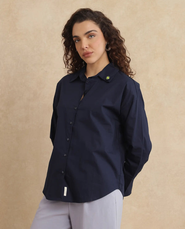 Rareism Women Hertene Navy 60'S Poplin Fabric Cuffed Sleeve Collared Neck Button Closure Boxy Fit Plain Shirt