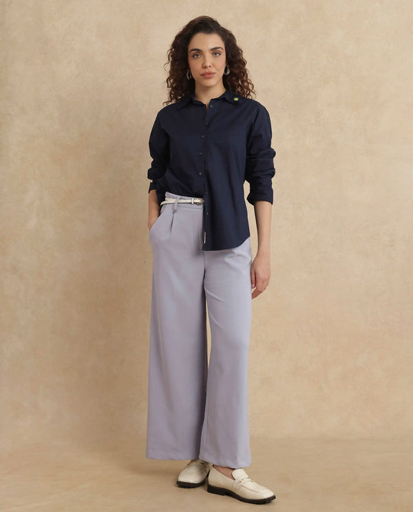 Rareism Women Hertene Navy 60'S Poplin Fabric Cuffed Sleeve Collared Neck Button Closure Boxy Fit Plain Shirt