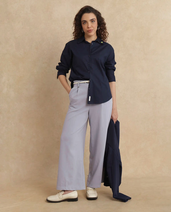 Rareism Women Hertene Navy 60'S Poplin Fabric Cuffed Sleeve Collared Neck Button Closure Boxy Fit Plain Shirt