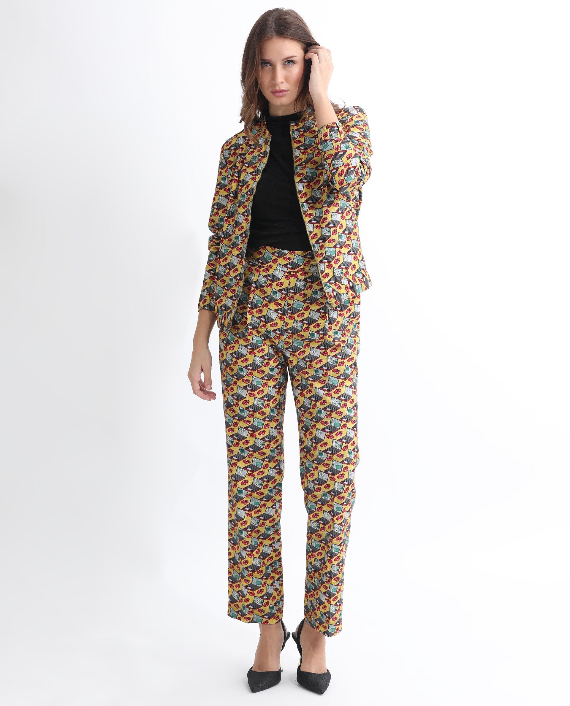 Rareism Women Hertie-T Yellow Cotton Viscose Fabric Full Sleeves Geometric Print Mandarin Collar Jacket