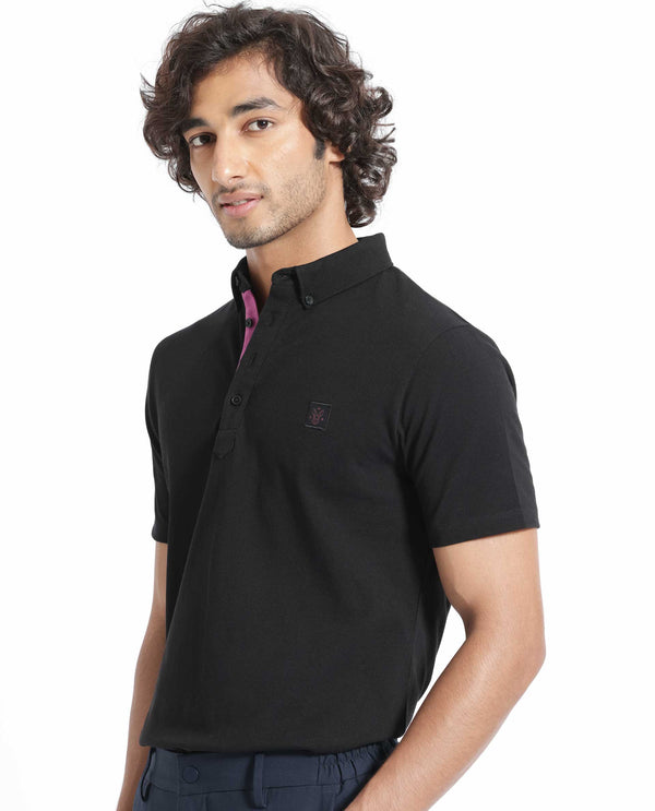 Rare Rabbit Men's Herval Black Cotton Fabric Collared Neck Half Sleeves Polo T-Shirt