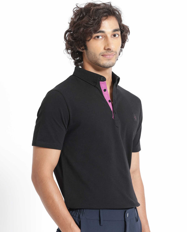 Rare Rabbit Men's Herval Black Cotton Fabric Collared Neck Half Sleeves Polo T-Shirt