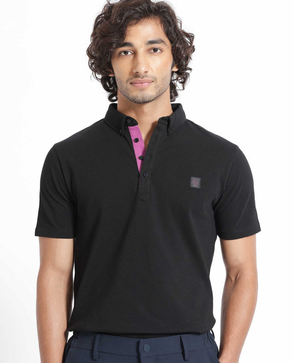 Rare Rabbit Men's Herval Black Cotton Fabric Collared Neck Half Sleeves Polo T-Shirt