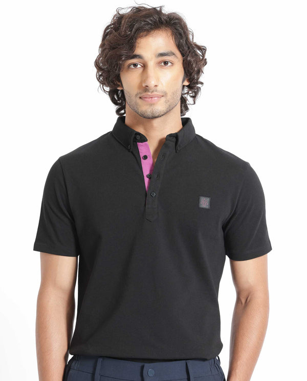 Rare Rabbit Men's Herval Black Cotton Fabric Collared Neck Half Sleeves Polo T-Shirt