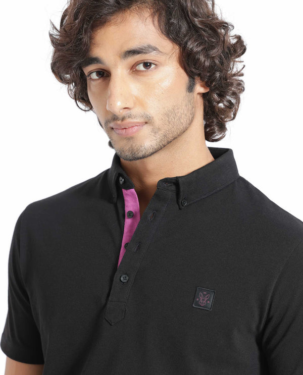Rare Rabbit Men's Herval Black Cotton Fabric Collared Neck Half Sleeves Polo T-Shirt