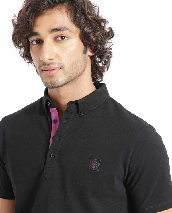 Rare Rabbit Men's Herval Black Cotton Fabric Collared Neck Half Sleeves Polo T-Shirt