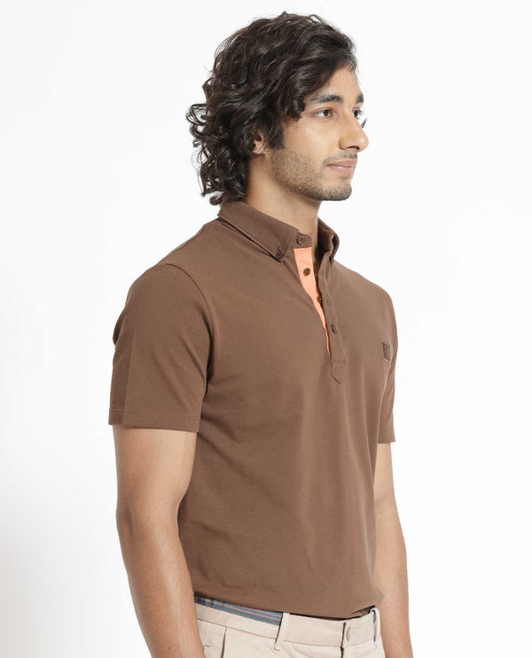 Rare Rabbit Men's Herval Dark Brown Cotton Fabric Collared Neck Half Sleeves Polo T-Shirt