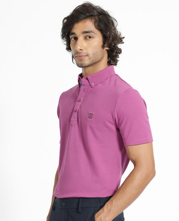 Rare Rabbit Men's Herval Dark Pink Cotton Fabric Collared Neck Half Sleeves Polo T-Shirt