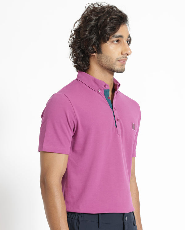 Rare Rabbit Men's Herval Dark Pink Cotton Fabric Collared Neck Half Sleeves Polo T-Shirt
