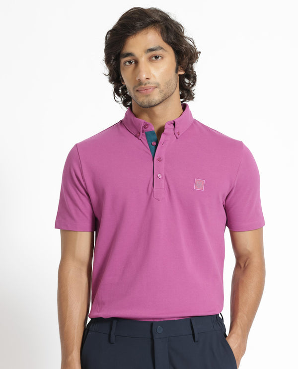 Rare Rabbit Men's Herval Dark Pink Cotton Fabric Collared Neck Half Sleeves Polo T-Shirt
