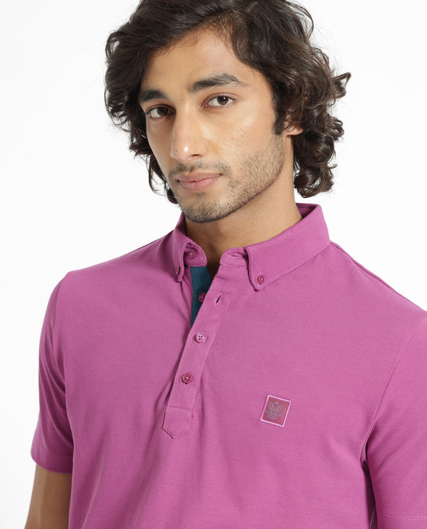 Rare Rabbit Men's Herval Dark Pink Cotton Fabric Collared Neck Half Sleeves Polo T-Shirt