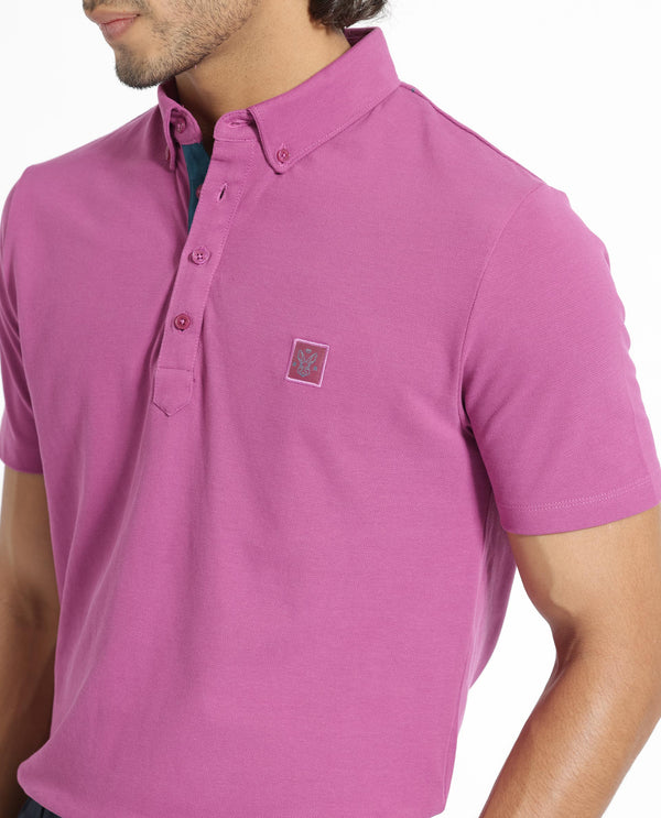Rare Rabbit Men's Herval Dark Pink Cotton Fabric Collared Neck Half Sleeves Polo T-Shirt