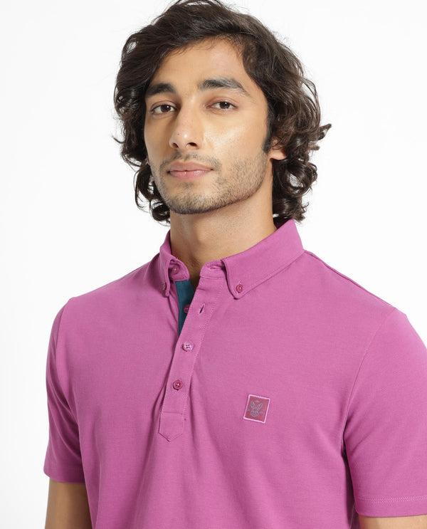 Rare Rabbit Men's Herval Dark Pink Cotton Fabric Collared Neck Half Sleeves Polo T-Shirt