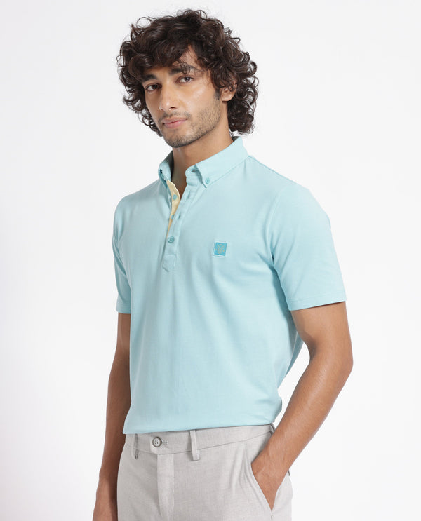 Rare Rabbit Men's Herval Light Blue Cotton Fabric Collared Neck Half Sleeves Polo T-Shirt