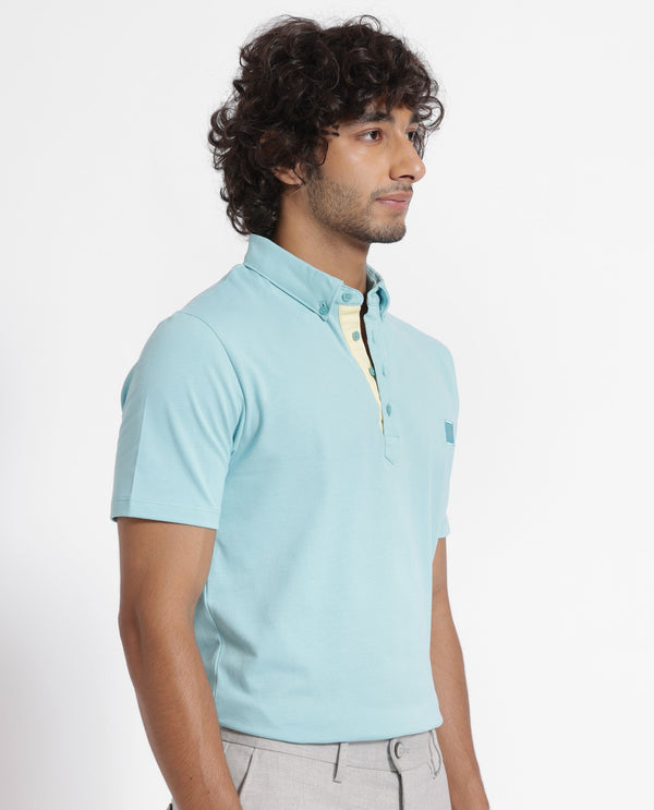 Rare Rabbit Men's Herval Light Blue Cotton Fabric Collared Neck Half Sleeves Polo T-Shirt