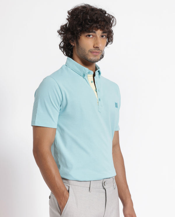 Rare Rabbit Men's Herval Light Blue Cotton Fabric Collared Neck Half Sleeves Polo T-Shirt
