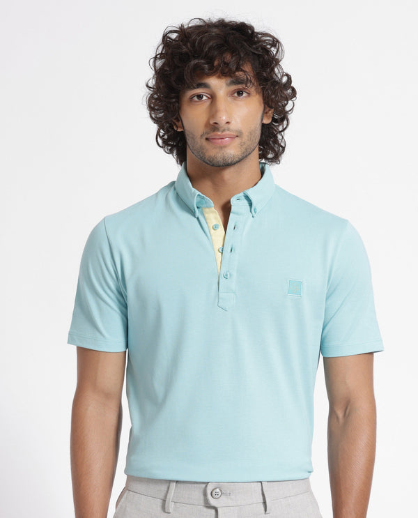 Rare Rabbit Men's Herval Light Blue Cotton Fabric Collared Neck Half Sleeves Polo T-Shirt