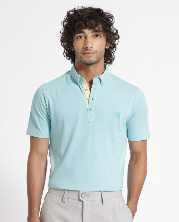 Rare Rabbit Men's Herval Light Blue Cotton Fabric Collared Neck Half Sleeves Polo T-Shirt