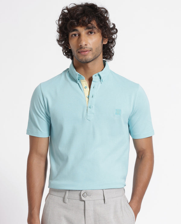 Rare Rabbit Men's Herval Light Blue Cotton Fabric Collared Neck Half Sleeves Polo T-Shirt