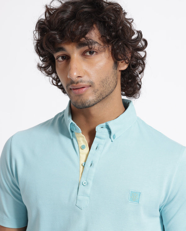 Rare Rabbit Men's Herval Light Blue Cotton Fabric Collared Neck Half Sleeves Polo T-Shirt