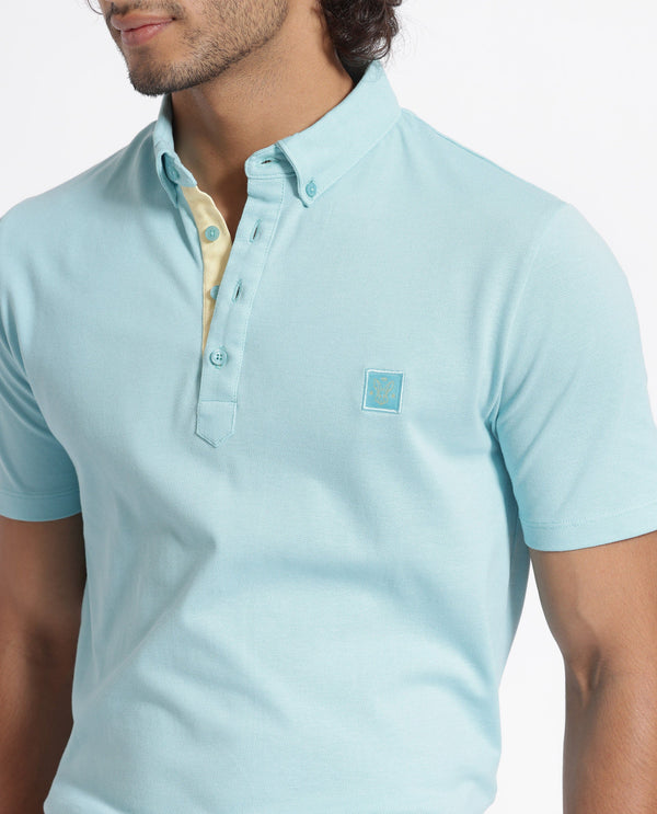 Rare Rabbit Men's Herval Light Blue Cotton Fabric Collared Neck Half Sleeves Polo T-Shirt