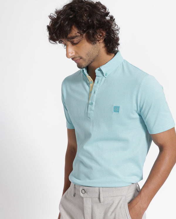 Rare Rabbit Men's Herval Light Blue Cotton Fabric Collared Neck Half Sleeves Polo T-Shirt