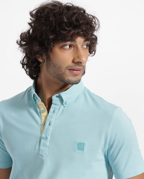 Rare Rabbit Men's Herval Light Blue Cotton Fabric Collared Neck Half Sleeves Polo T-Shirt