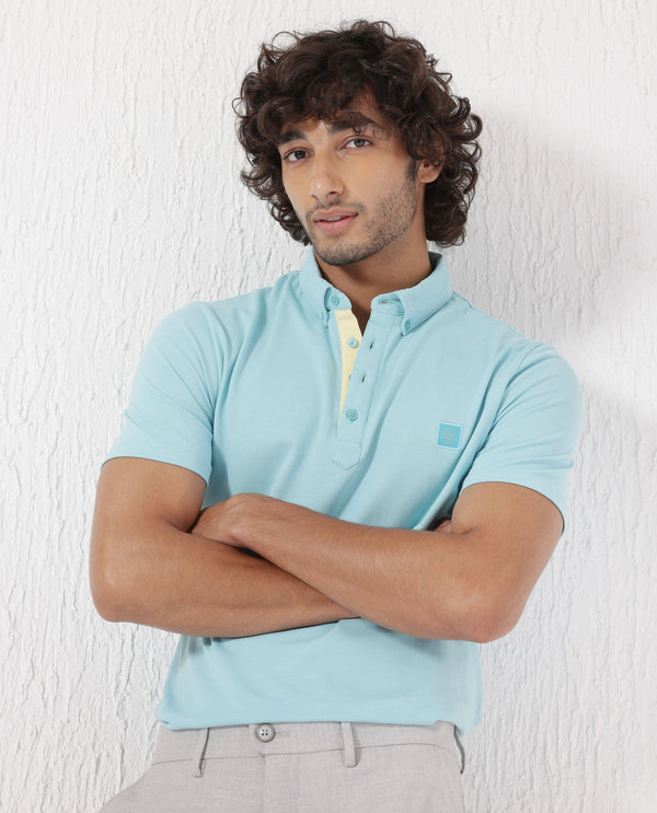Rare Rabbit Men's Herval Light Blue Cotton Fabric Collared Neck Half Sleeves Polo T-Shirt