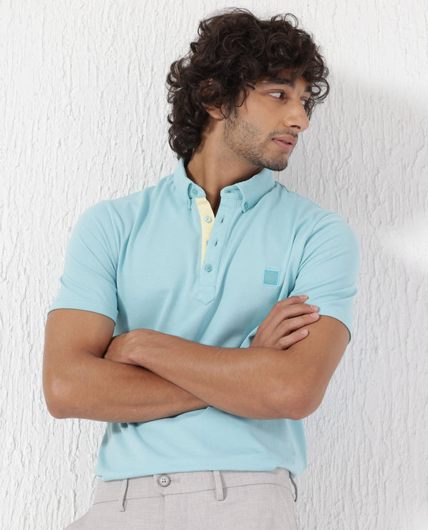 Rare Rabbit Men's Herval Light Blue Cotton Fabric Collared Neck Half Sleeves Polo T-Shirt