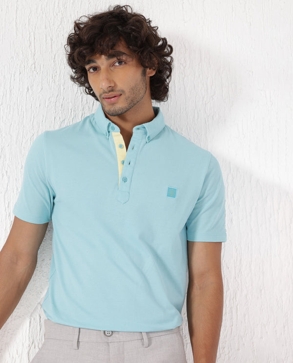 Rare Rabbit Men's Herval Light Blue Cotton Fabric Collared Neck Half Sleeves Polo T-Shirt