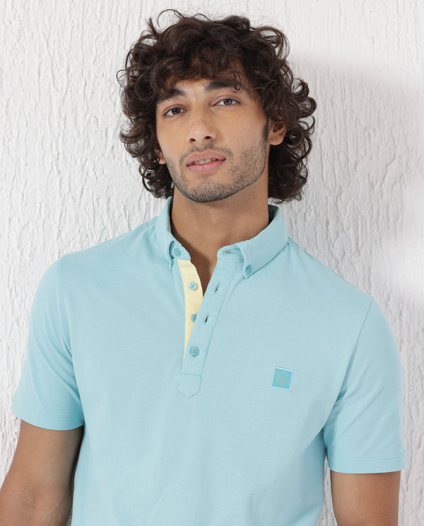 Rare Rabbit Men's Herval Light Blue Cotton Fabric Collared Neck Half Sleeves Polo T-Shirt