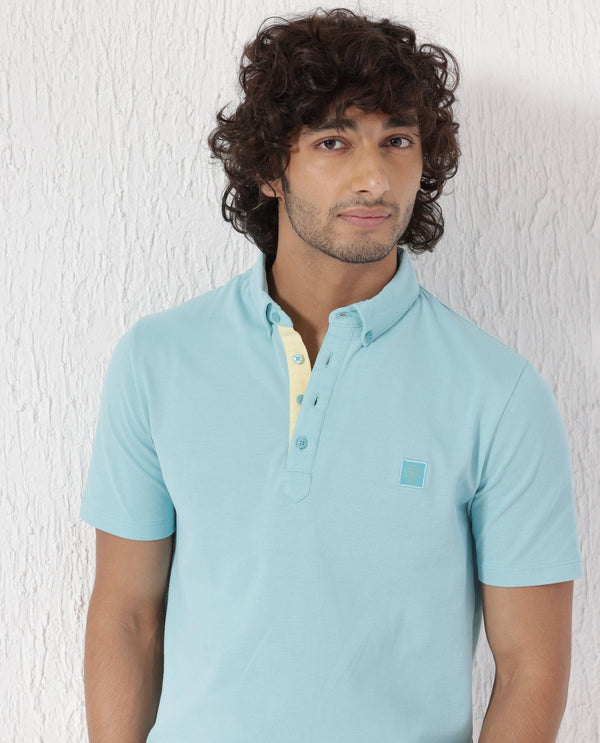 Rare Rabbit Men's Herval Light Blue Cotton Fabric Collared Neck Half Sleeves Polo T-Shirt