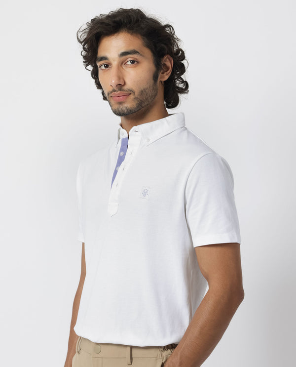 Rare Rabbit Men's Herval White Cotton Fabric Collared Neck Half Sleeves Polo T-Shirt