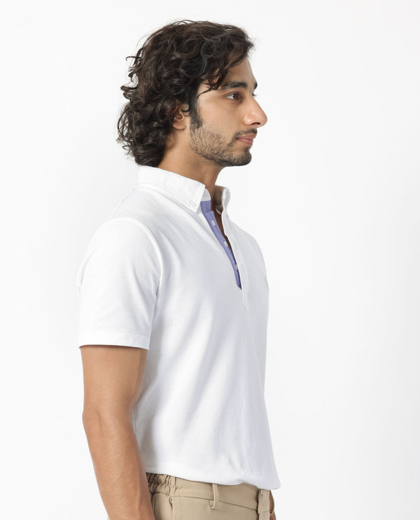 Rare Rabbit Men's Herval White Cotton Fabric Collared Neck Half Sleeves Polo T-Shirt