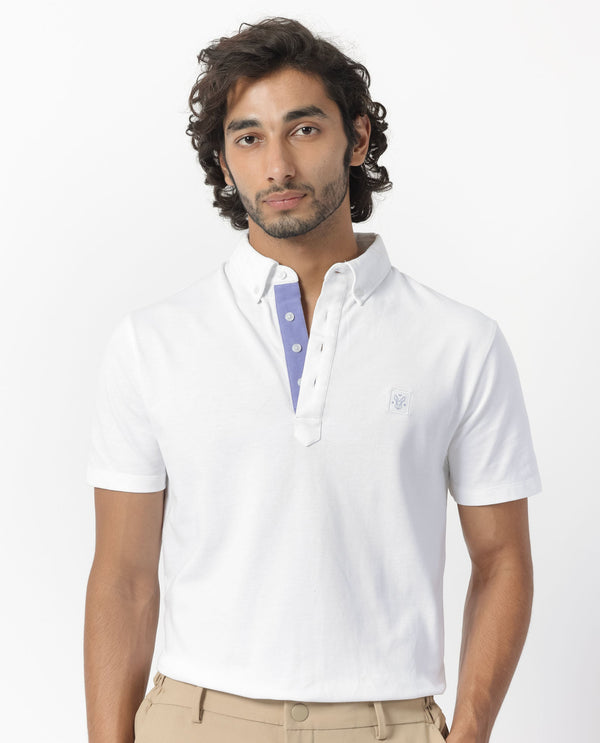 Rare Rabbit Men's Herval White Cotton Fabric Collared Neck Half Sleeves Polo T-Shirt