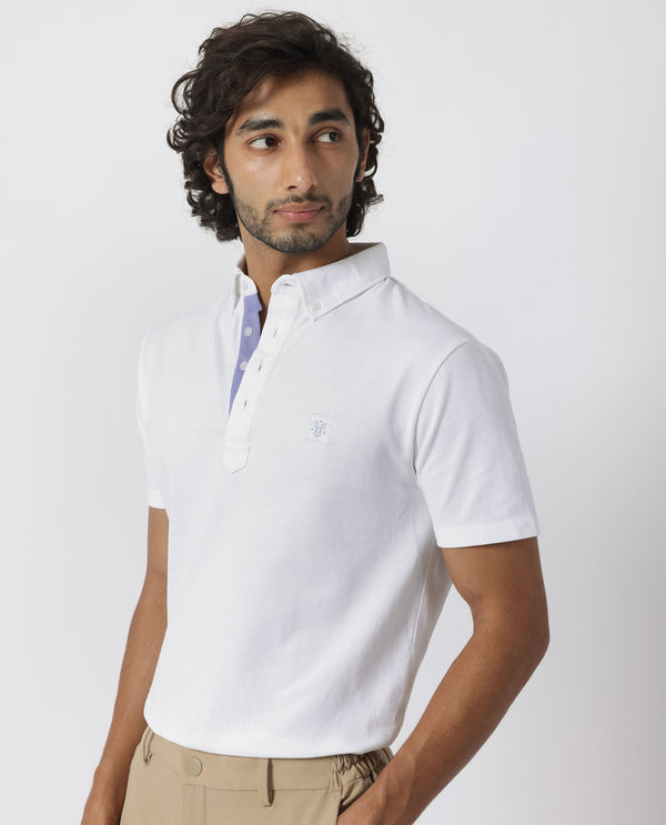 Rare Rabbit Men's Herval White Cotton Fabric Collared Neck Half Sleeves Polo T-Shirt