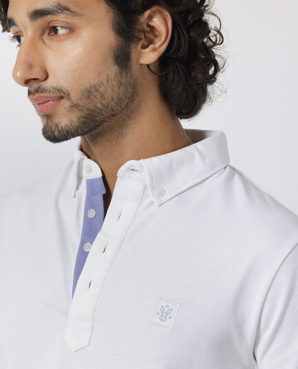 Rare Rabbit Men's Herval White Cotton Fabric Collared Neck Half Sleeves Polo T-Shirt