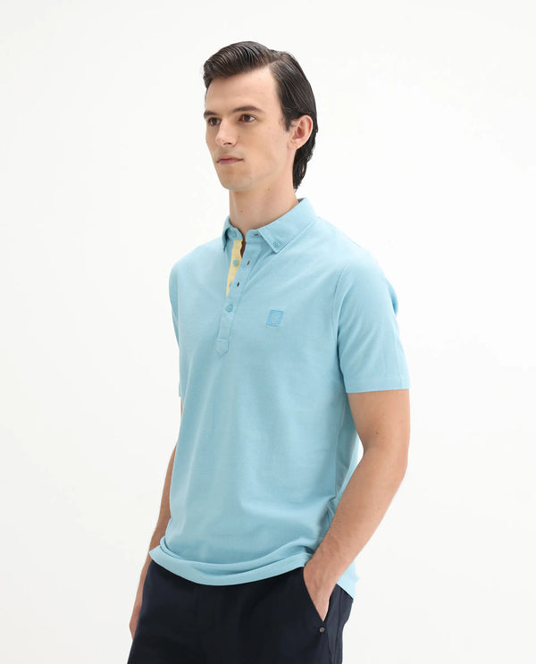 Rare Rabbit Men's Herval Light Blue Cotton Fabric Collared Neck Half Sleeves Polo T-Shirt