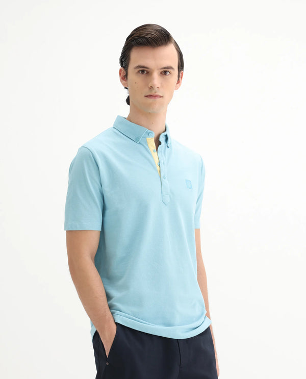 Rare Rabbit Men's Herval Light Blue Cotton Fabric Collared Neck Half Sleeves Polo T-Shirt